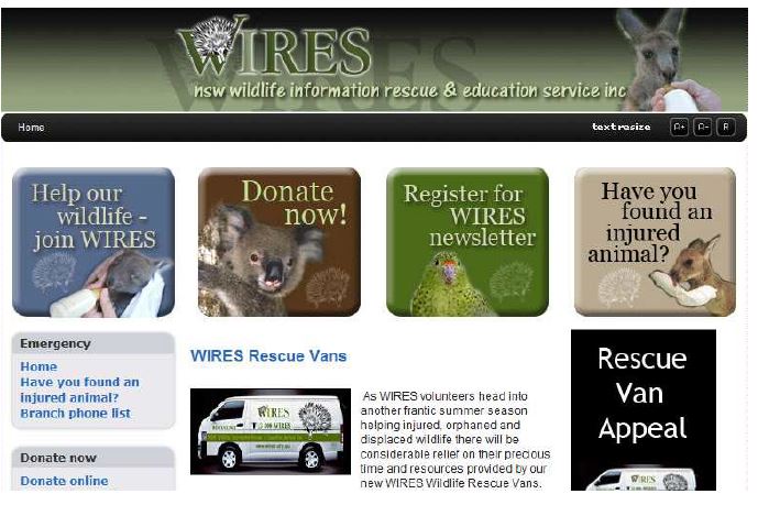 그림6. 야생동물 구조, 교육, 연구에 관한 WIRES 홈페이지