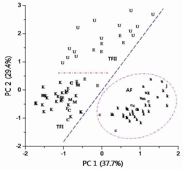 24개 형태 형질(표 3 참조)을 이용한 주성분분석에서 물여뀌 종집단(P. amphibium complex) 99개체의 주성분 1과 주성분 2에서의 배열