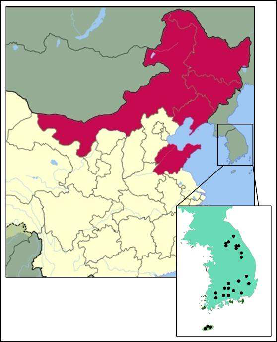 Figure 31. Map of collection areas of Korean wild boars from Korean Pepnisula and Jeju Island and Mortheastern regions of China