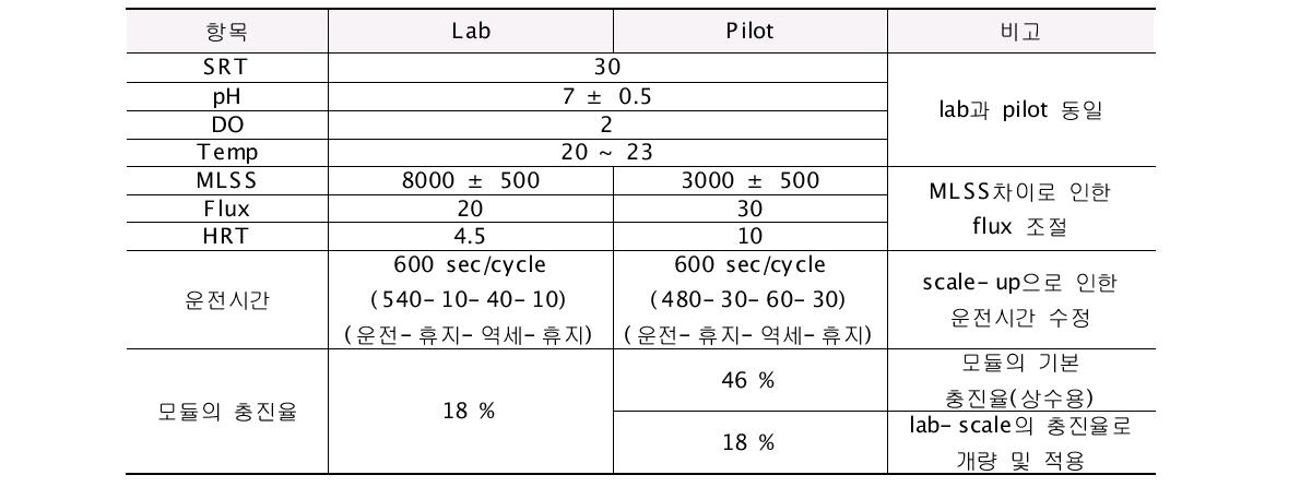 Lab Scale과 pilot plant 연계 비교표