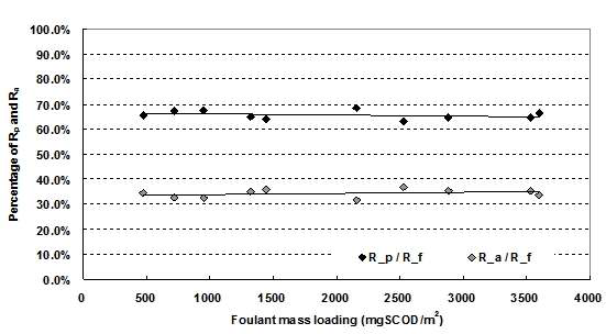 Foulant 질량부하에 따른 세공폐색저항(Rp)와 흡착저항 (Ra)의 비율