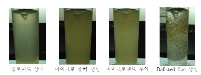 그림 3.104 Ballasted flocculation reaction 단계별 사진