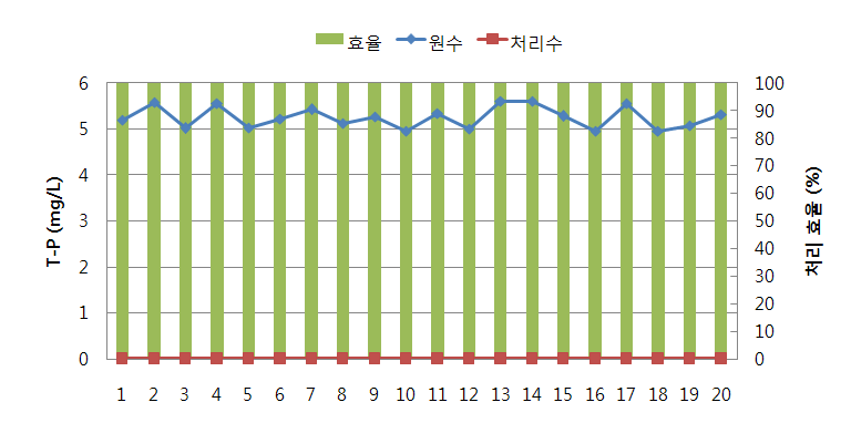 그림 3.158 원수, 유출수의 T-Pr 농도 및 제거효율 변화