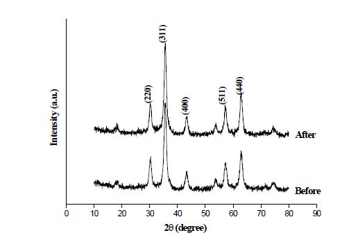 Fig. 4. 반응 전후의 마그네타이트 나노입자의 XRD 패턴