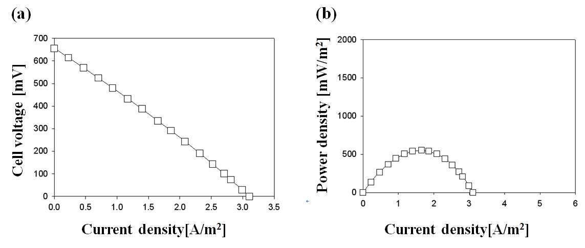 그림 3-76 W-MFC의 (a) phase Ⅰ에서 polarization curve, (b) phase Ⅱ에서 power curve