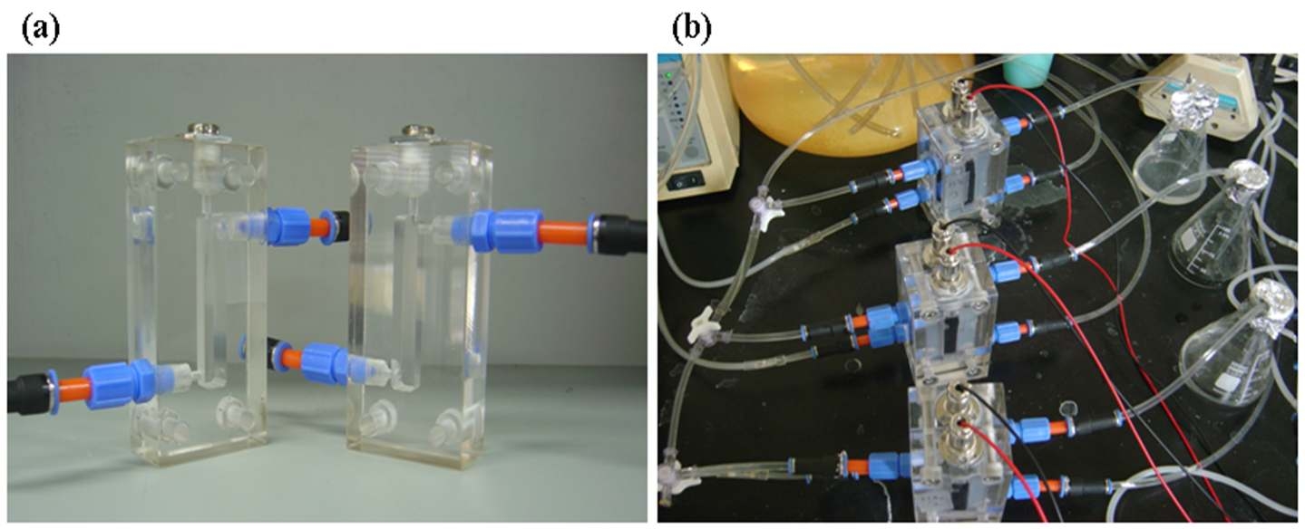 그림 3-93 연속식 미생물연료전지의 (a) 사용 전 단위 셀과 (b) 운전 중인 단위 셀 사진