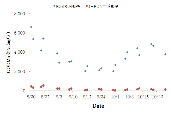 그림 25. J-PONT 반응조 유입/유출 CODMn 농도
