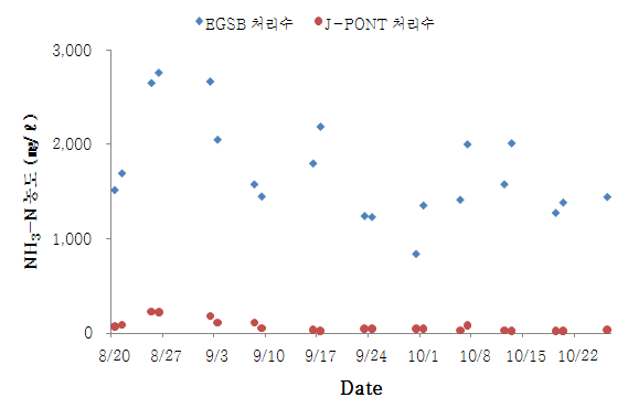 그림 27. J-PONT 반응조 유입/유출 NH3-N 농도