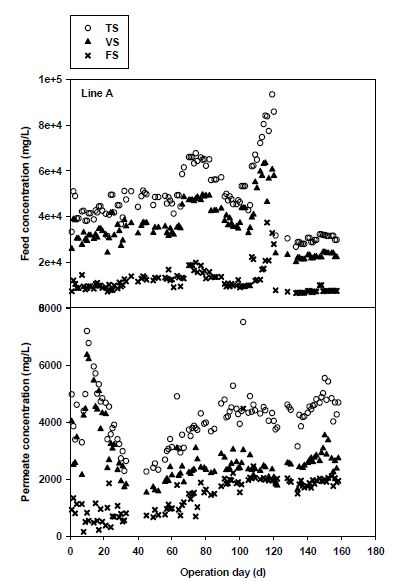 그림 3-99. Line A의 유입 슬러지 및 유출 TS, VS 및 FS 농도 비교