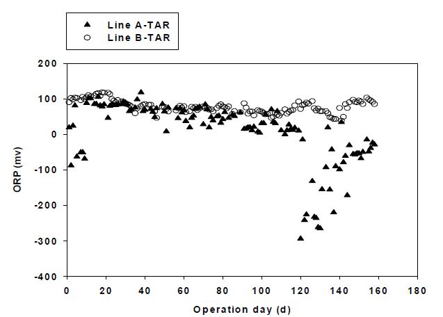 그림 3-113. Line A 및 Line B 고온호기소화조에서의 ORP 비교