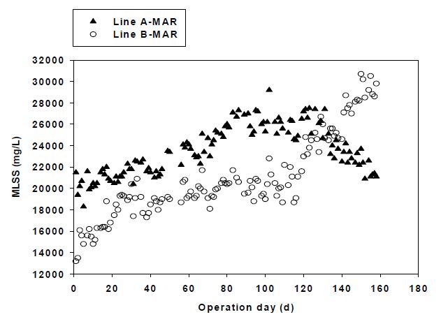 그림 3-114. Line A 및 Line B 혐기소화조에서의 MLSS 농도 비교