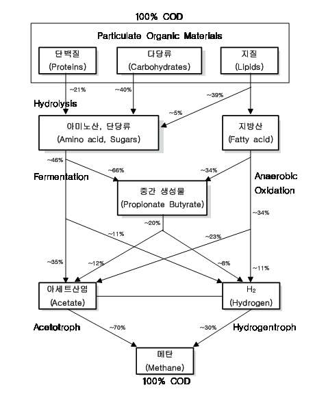 그림 1-8. 유기물질의 혐기성소화 경로