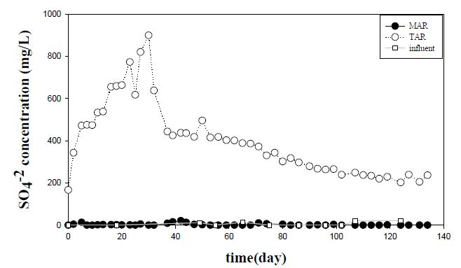 그림 3-29. HED 시스템에서 용존성 sulfate 농도의 변화
