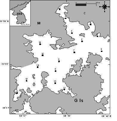 2008년 8월 및 2009년 1월 J 만 표층퇴적물 및 표층해수 시료채취정점