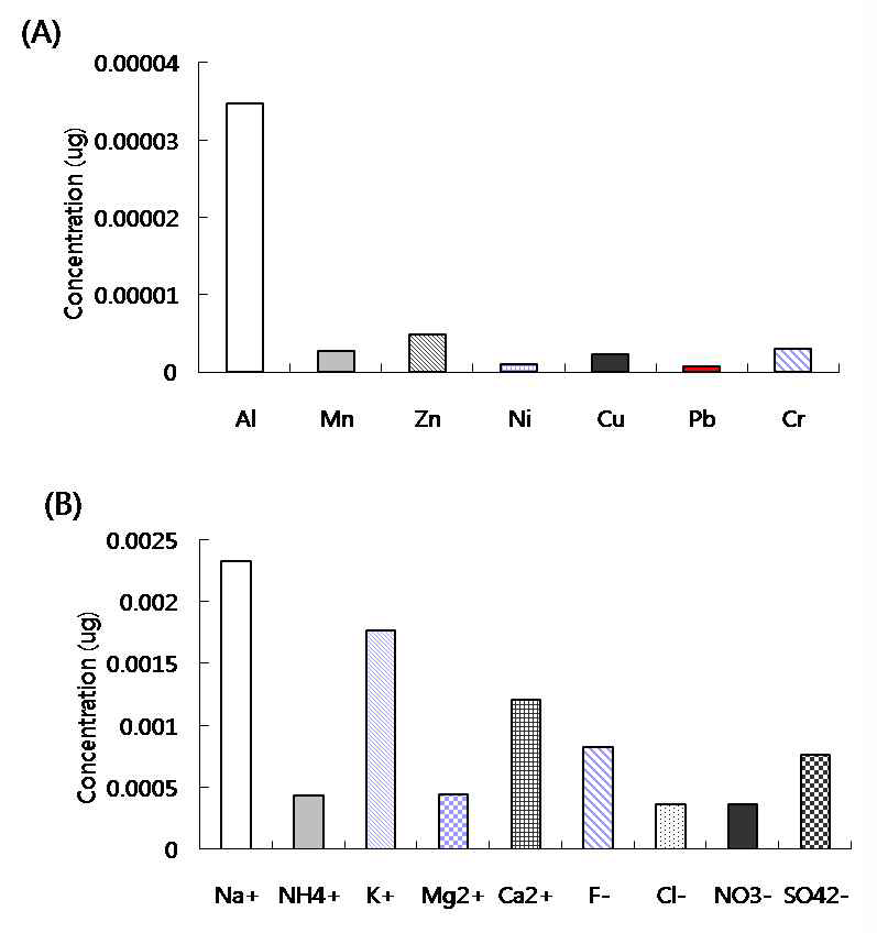 PM0.1 204 ㎍내의 중금속 (A) 및 이온 (B) 분석
