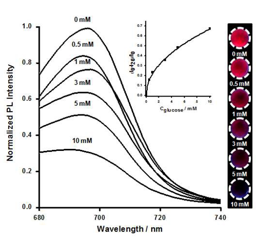 그림 61 CdTe QD과 GOx를 포함한 펩타이드 하이드로젤의 glucose 농도에 따른 형광 spectra의 변화와 UV 사진