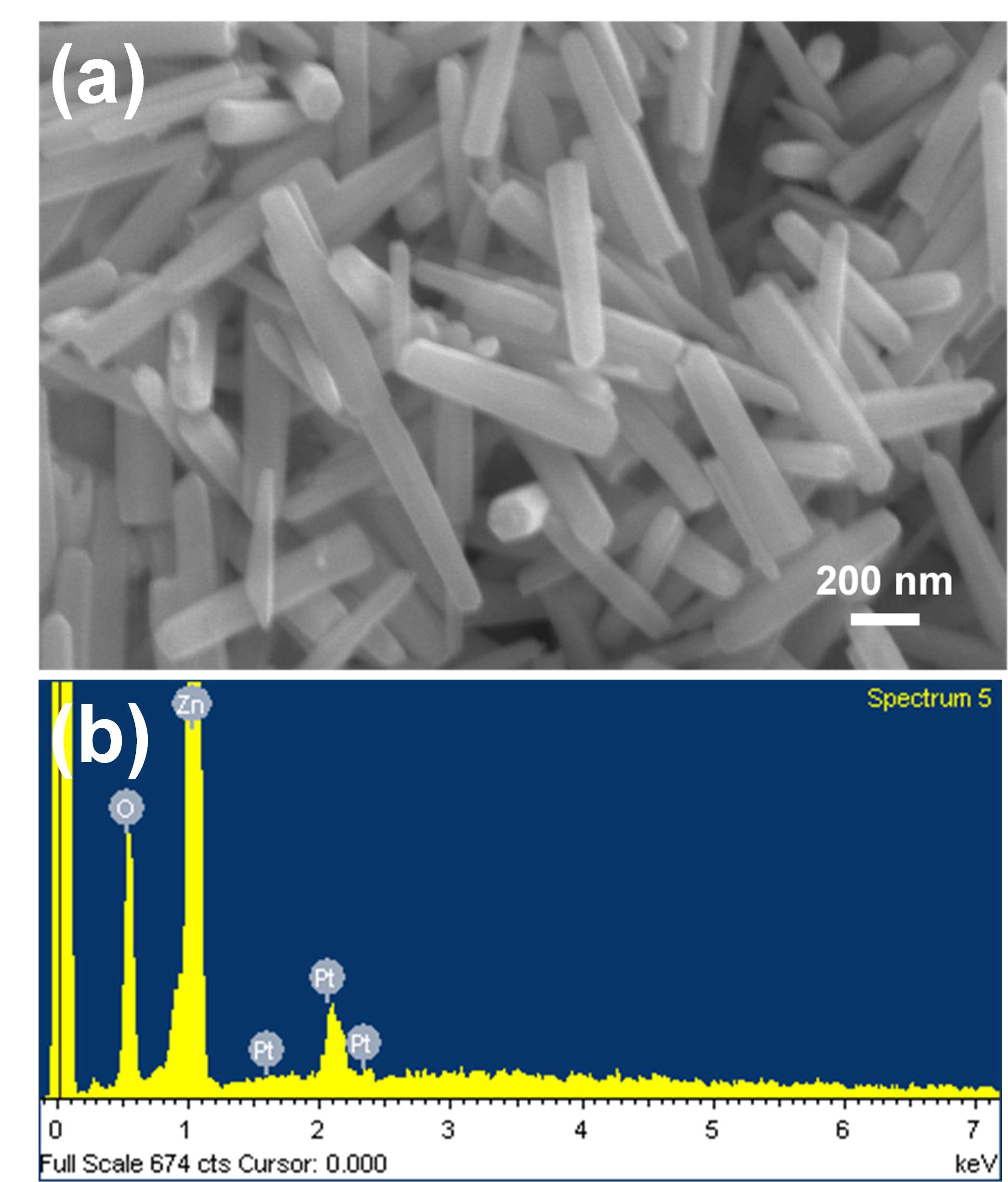 그림. 3-38. (a) SEM image of ZnO nanorods obtained in 0.01 M precursor solution; (b) EDS pattern of ZnO nanorods.