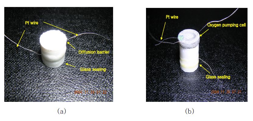 Figure 3-7 Picture of fabricated NOx sensor using diffusion barrier (a) without pumping cell (b) with pumping cell.