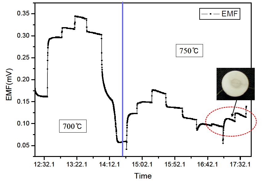 Figure 3-50 A degeneration of the Bi-electrolyte SOx sensor by volatilization of sensing material.