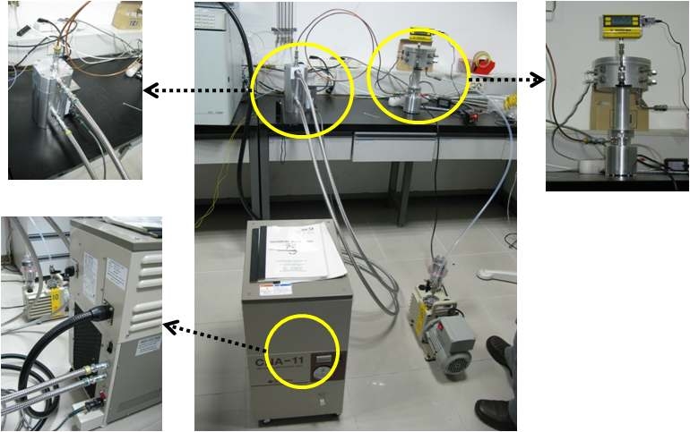 그림 14. Sumimoto사 cryo-cooler의 연결 및 성능테스트 과정