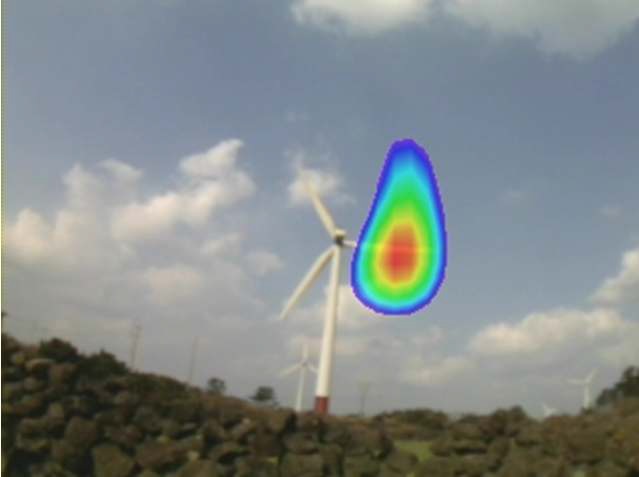 그림 3-42. 마이크로폰 어레이로 분석한 풍력발전기 소음 발생 위치.