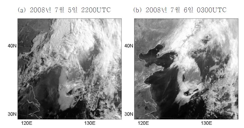 그림 3.2.6 MTSAT-1R 가시영상. (a) 2008년 7월 5일 2200UTC, (b) 7월 6일0300UTC.