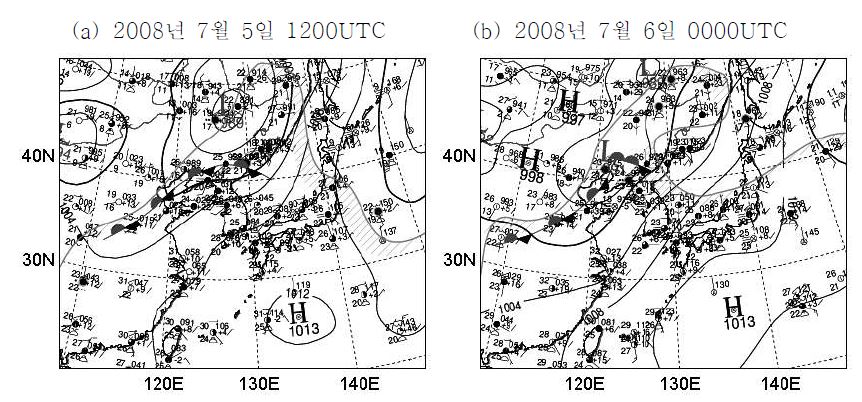 그림 3.2.7 (a) 2008년 7월 5일 1200UTC, (b) 7월 6일 0000UTC의 지상 일기도.