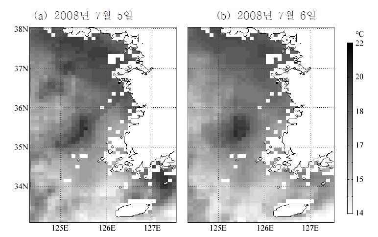 그림 3.2.9 마이크로파(Microwave, MW) + 적외선(InfraRed, IR) OI 해수면 온도(Sea Surface Temperature, SST). (a) 2008년 7월 5일, (b) 7월 6일.