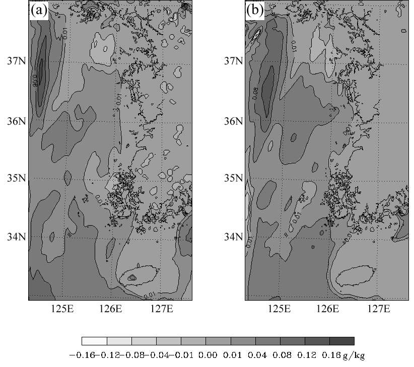 그림 3.2.14 접합 모형과 비접합 모형 사이의 구름물 혼합비의 차이. (a) 2008년 7월 5일 2100UTC, (b) 7월 6일 0300UTC.