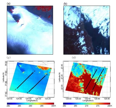 그림 3.2.17 (a) 2004년 6월 9일 안개 사례와 (b) 2006년 3월 6일 하층운 사례에 대한 ASTER 가시영상. (c) 와 (d) 는 ASTER의 적외영상.