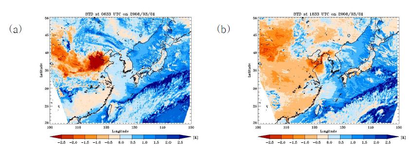 그림 3.2.25 2008년 3월 1일 (a)0633UTC (b)1833UTC 일 때의 밝기온도 차이
