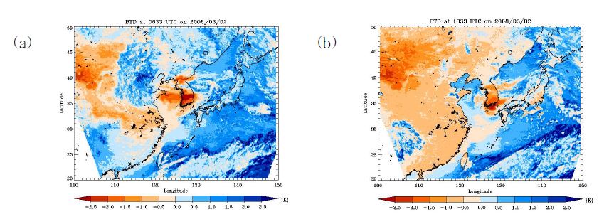 그림 3.2.26 2008년 3월 2일 (a)0633UTC (b)1833UTC 일 때의 밝기온도 차이