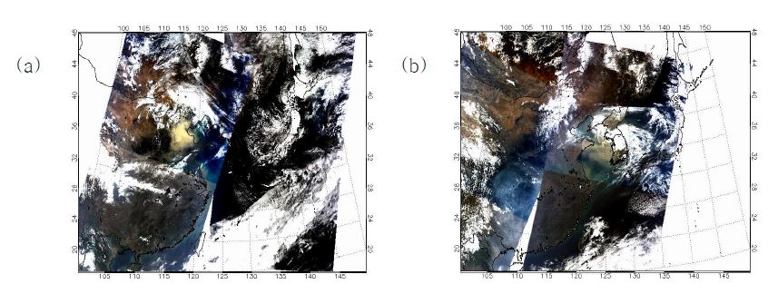 그림 3.2.27 (a) 2008년 3월 1일 0320UTC (b) 2008sus 3월 2일 0405UTC 일 때의 중간 분해능 분광 복사계(MODIS) RGB 이미지