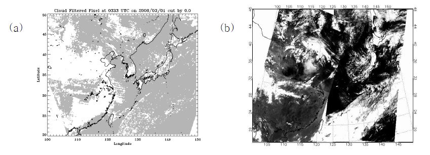 그림 3.2.28 (a) 2008년 3월 1일 0333UTC 일 때 0.0보다 큰 밝기온도 차이가 있는 구름 픽셀만 선택된 이미지 (b) 2008월 3월 1일 중간 분해능 분광 복사계(MODIS) RGB 이미지