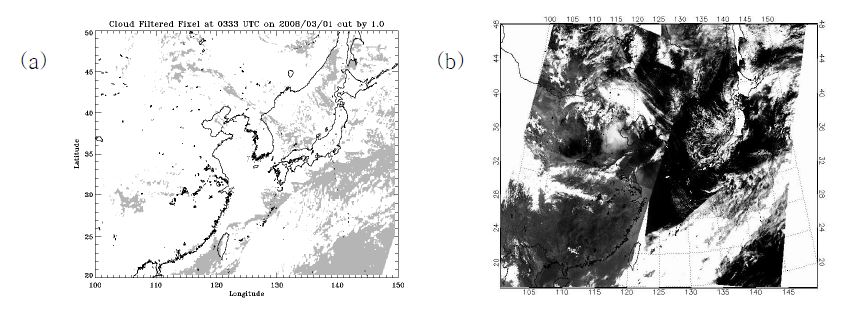 그림 3.2.29 (a) 2008년 3월 1일 0333UTC 일 때 1.0보다 큰 밝기온도 차이가 있는 구름 픽셀만 선택된 이미지 (b) 2008월 3월 1일 중간 분해능 분광 복사계(MODIS) RGB 이미지