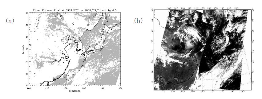 그림 3.2.30 (a) 2008년 3월 1일 0333UTC 일 때 0.5보다 큰 밝기온도 차이가 있는 구름 픽셀만 선택된 이미지 (b) 2008월 3월 1일 중간 분해능 분광 복사계(MODIS) RGB 이미지