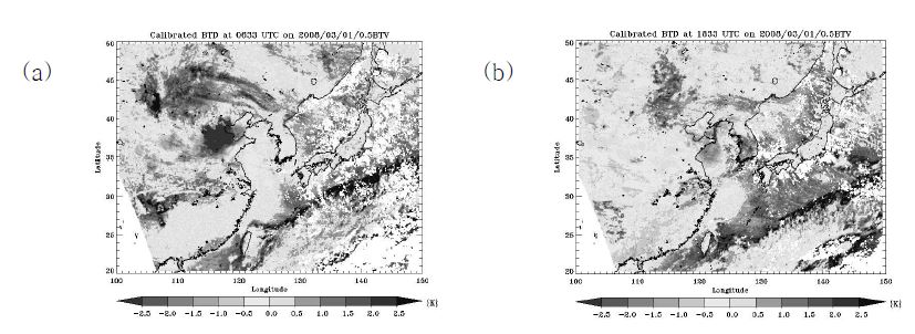 그림 3.2.31 2008년 3월 1일 (a) 0633UTC (b) 1833UTC 일 때의 보정된 밝기온도 차이