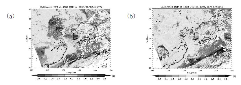 그림 3.2.32 2008년 3월 2일 (a) 0633UTC (b) 1833UTC 일 때의 보정된 밝기온도 차이
