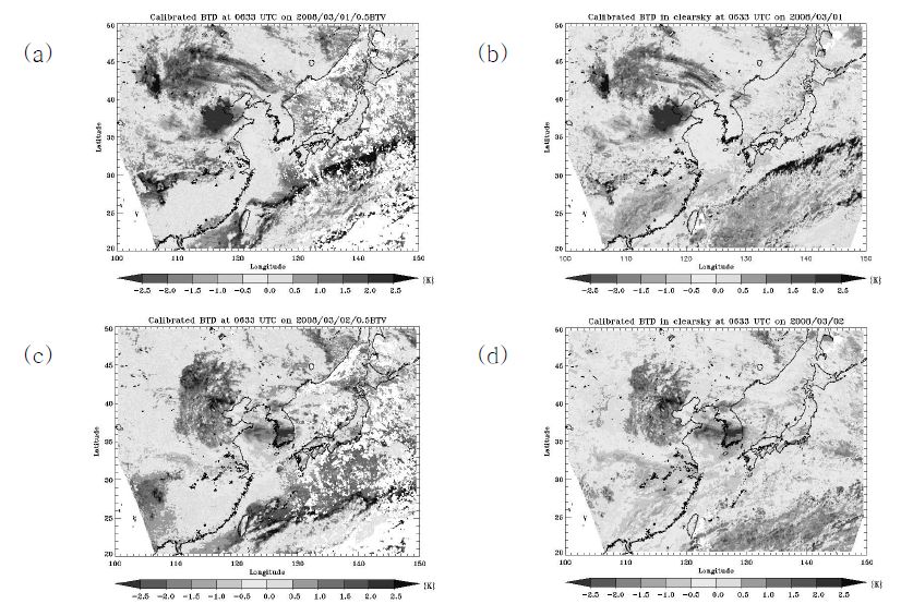 그림 3.2.33 (a) 2008년 3월 1일 0633UTC (c) 2008년 3월 2일 0633UTC의 보정된 밝기 온도 차이 이미지 (b), (d) 맑은 하늘의 보정된 밝기 온도 차이 이미지.