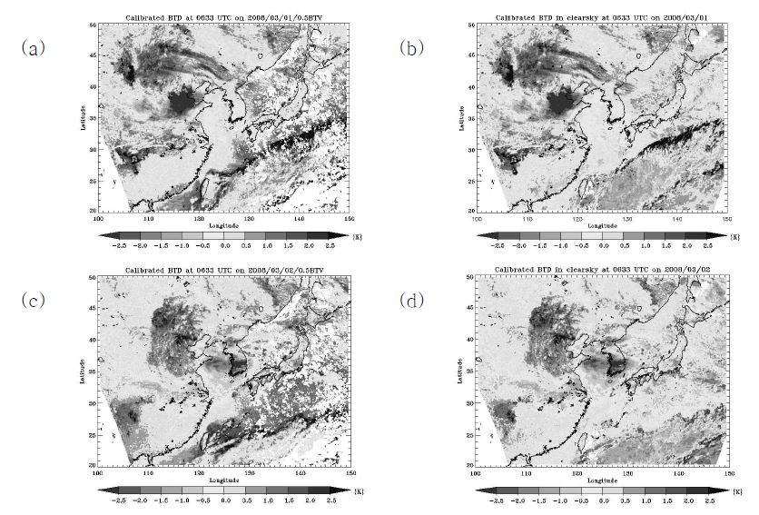 그림 3.2.34 (a) 2008년 3월 1일 0633UTC (c) 2008년 3월 2일 0633UTC의 보정된 밝기 온도 차이 이미지 (b), (d) 맑은 하늘의 보정된 밝기 온도 차이 이미지.