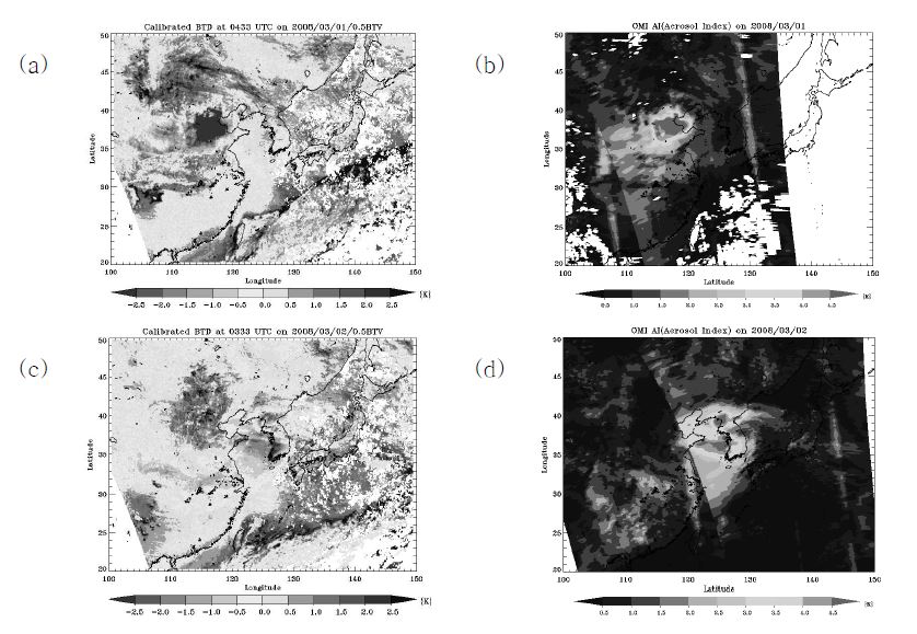그림 3.2.35 (a) 2008년 3월 1일 0033UTC의 보정된 밝기 온도차이 이미지 (b) 2008년 3월 2일 0412UTC의 오존 감시기기 에어로졸 지수 이미지 (c) 2008년 3월 2일 0333UTC의 보정된 밝기 온도차이 이미지 (d) 2008년 3월 2일 0325UTC의 오존 감시기기 에어로졸 지수 이미지