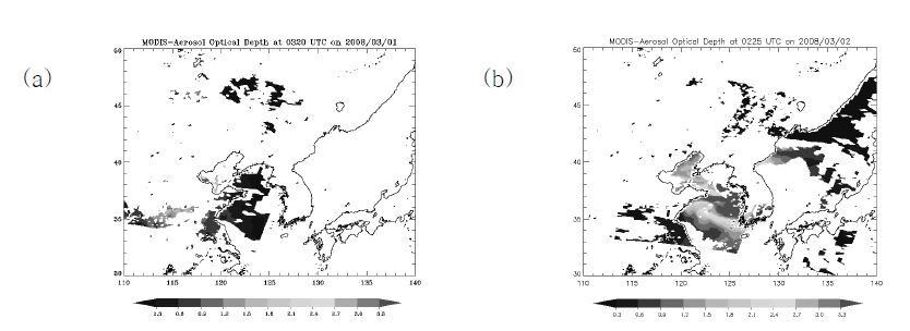 그림 3.2.36 (a)2008년 3월 1일 0320UTC, (b) 2008년 3월 2일 0225UTC 중간 분해능 분광 복사계 에어로졸 광학적 깊이 이미지.