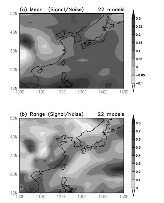 그림 3.4.6 겨울철 (JFM) 동아시아 영역 925hPa 기온의 신호 대 잡음비 (a) 평균 및 (b) 편차.
