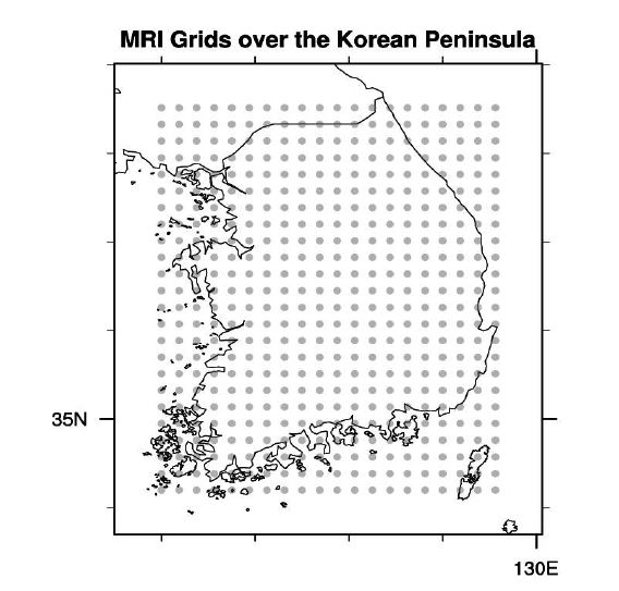 그림 3.4.31 고해상도 모형분석에 사용된 한반도 그리드 지점.