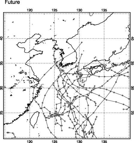 그림 3.5.2 단기 미래에 태풍 감시구역에 들어온 태풍의 이동 경로.