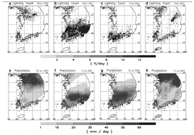 그림 3.5.20 2001년 동안의 구름에서부터 지상까지의 낙뢰 수와 강수량 (한랭 전선 타입).