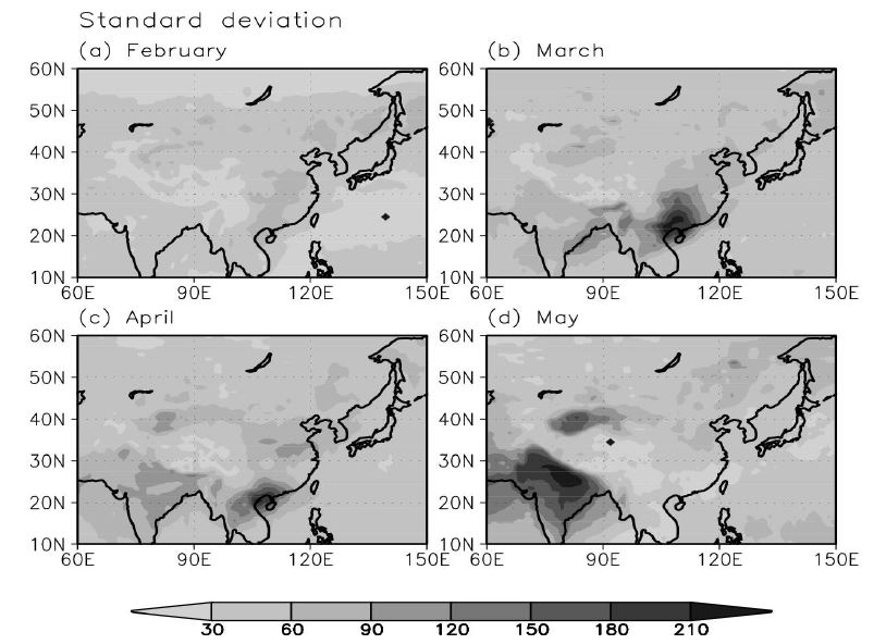 그림 3.6.2 봄철 (2월, 3월, 4월, 그리고 5월) 기후학적 에어로졸 지수의 표준 편차.
