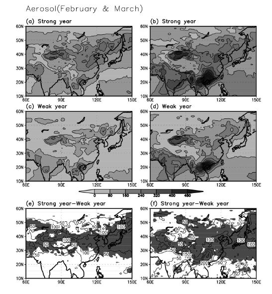 그림 3.6.4 2월과 3월의 에어로졸 지수가 강한 해의 평균 공간 분포와 에어로졸 지수 약한 해의 평균 공간분포.