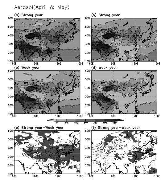 그림 3.6.5 4월과 5월 에어로졸 지수가 강한 해의 평균 공간 분포와 에어로졸 지수 약한 해의 평균 공간분포.