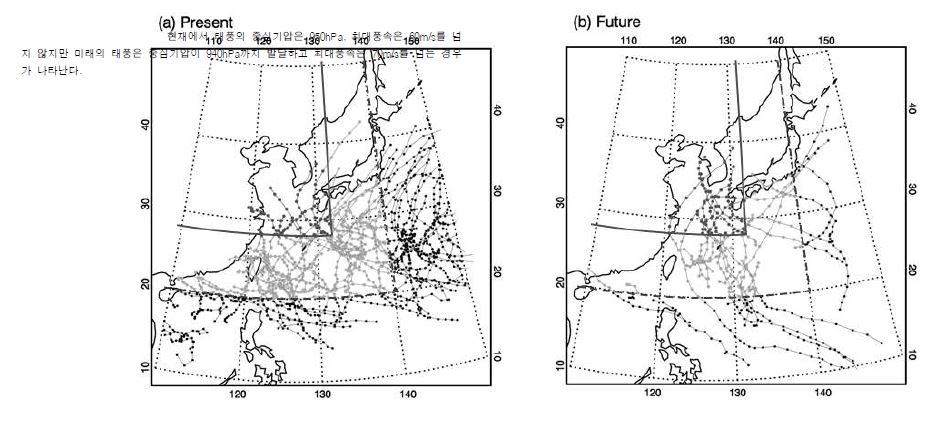 그림 3.8.1 현재와 미래 기후 하에서의 태풍 트랙 변화.